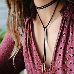 Black Vegan Leather Cord Choker, Silver Tips